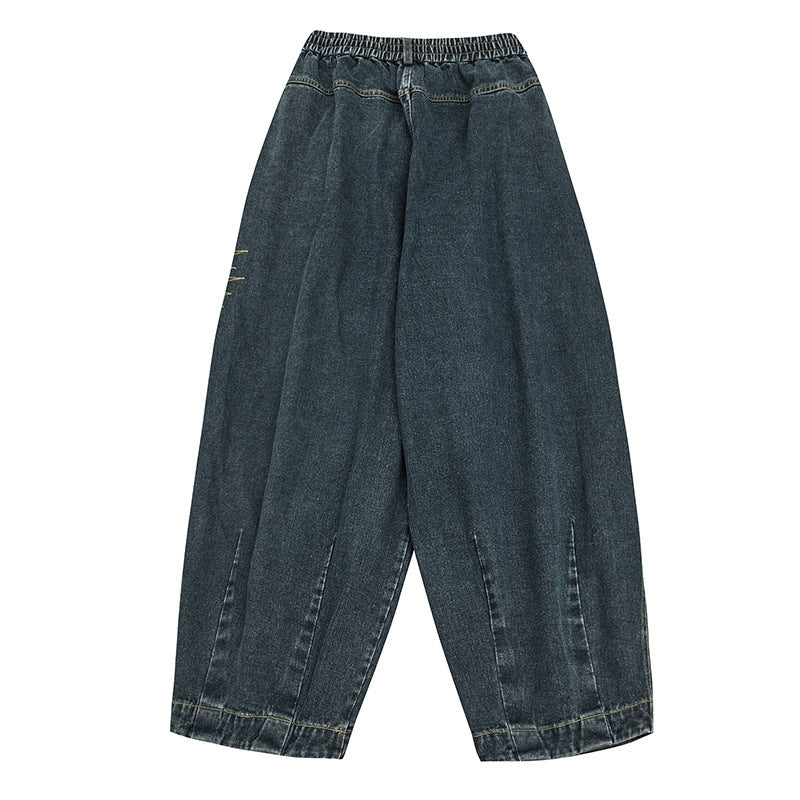 Ladies Wide Denim Pants with Pleats, Elastic Waistband and Casual Silhouette Fashion Glam