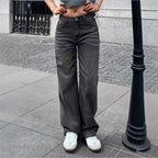 Ladies Wide High-Waist Denim Pants with Straight Leg and Vintage Stitching Fashion Glam