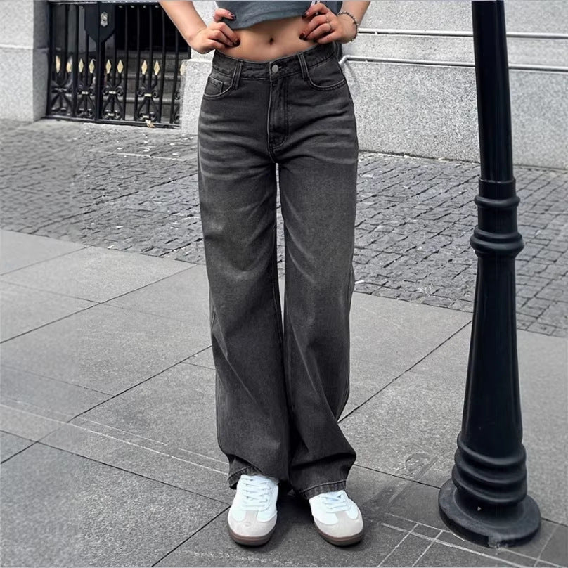 Ladies Wide High-Waist Denim Pants with Straight Leg and Vintage Stitching Fashion Glam