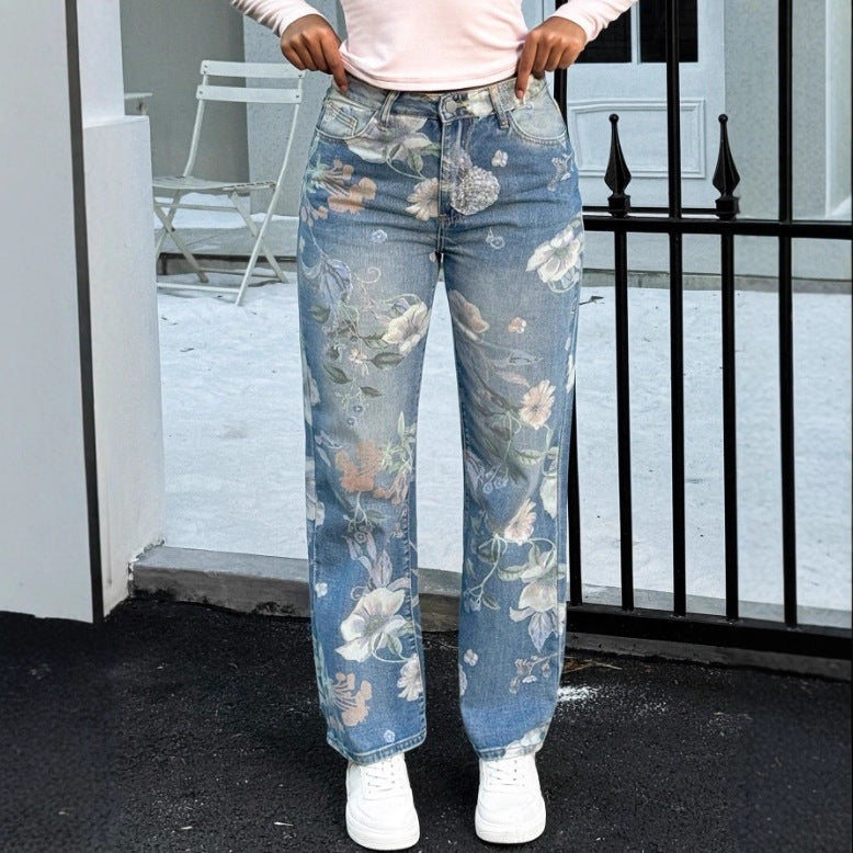 Women High-Waist Straight Jeans with floral print and relaxed fit Fashion Glam