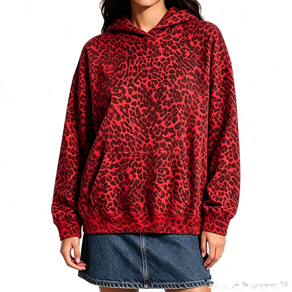 Women's Oversized Hoodie with Leopard Pattern, Kangaroo Pocket and Dropped Shoulder Fashion Glam