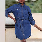 Women's denim shirt dress with waist belt and patch breast pockets Fashion Glam