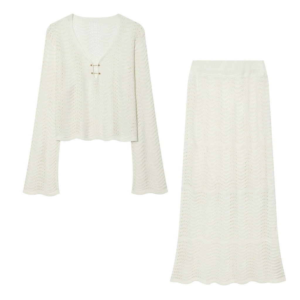 Women Two-Piece Crocheted Knit Set with V-Neck and Midi Skirt Fashion Glam