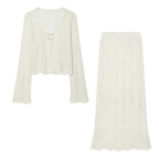 Women Two-Piece Crocheted Knit Set with V-Neck and Midi Skirt Fashion Glam