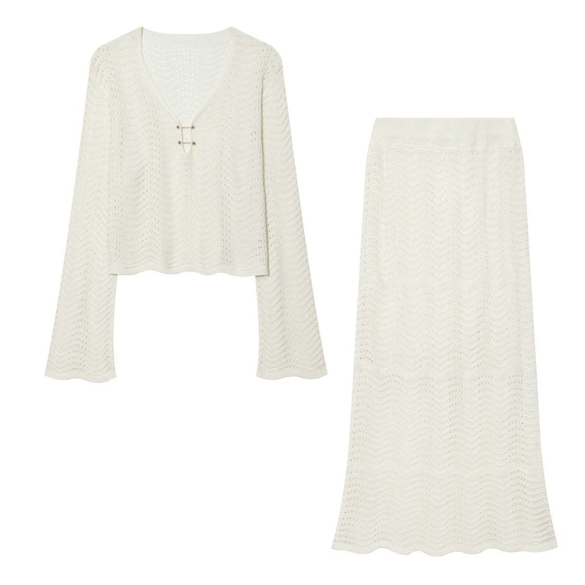 Women Two-Piece Crocheted Knit Set with V-Neck and Midi Skirt Fashion Glam