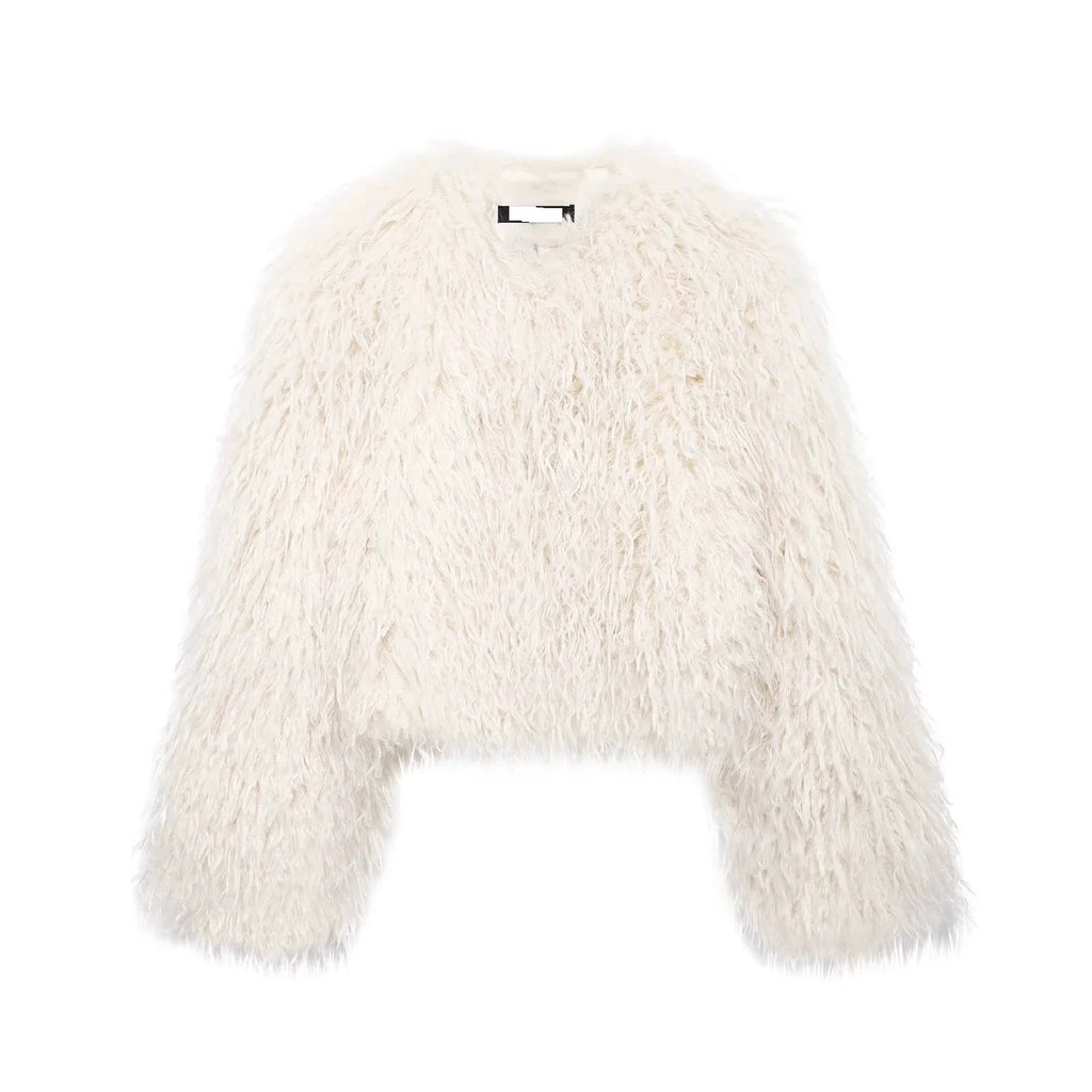 Women's Short-Cropped Bolero Jacket made of Long-Fiber Synthetic Fur with Shaggy Texture Fashion Glam