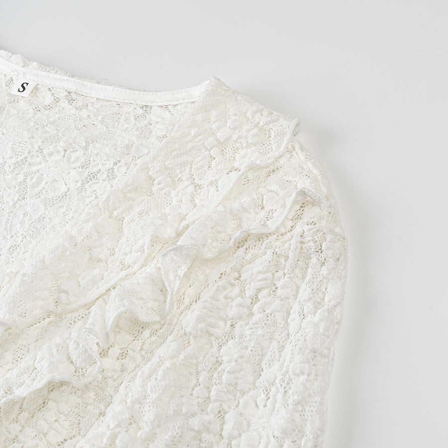 Ladies figure-hugging lace blouse with ruffle V-neck and tie detail Fashion Glam