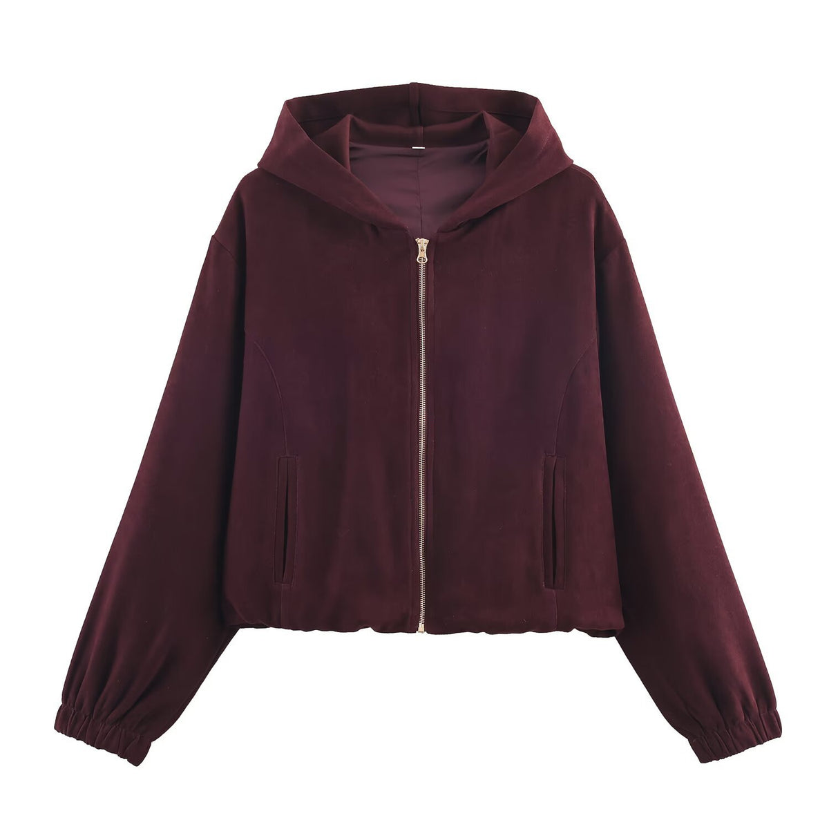 Ladies Boxy Hooded Jacket in Velvet Look with Full Zip and Elastic Hem Fashion Glam