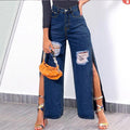 Women's High-Waist Wide-Leg Jeans with High Side Slits and Destroyed Details Fashion Glam
