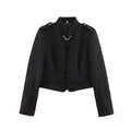 Women's Short Military-Style Blazer with Cord Decoration, Stand Collar and Decorative Frog Buttons Fashion Glam
