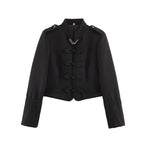 Women's Short Military-Style Blazer with Cord Decoration, Stand Collar and Decorative Frog Buttons Fashion Glam
