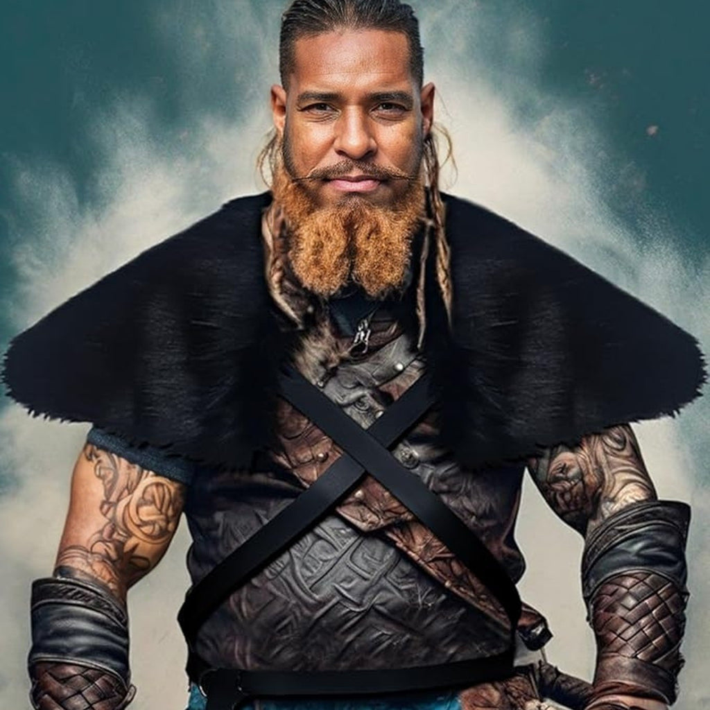 Men's Medieval Leather Jerkin with Faux Fur Shoulder Cape and Braided Arm Guards Fashion Glam