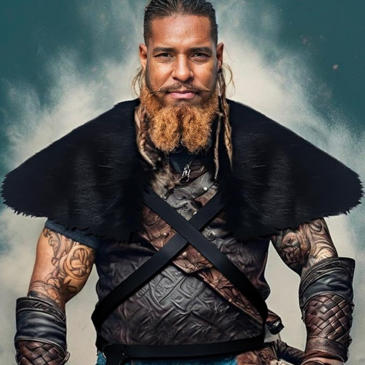 Men's Medieval Leather Jerkin with Faux Fur Shoulder Cape and Braided Arm Guards Fashion Glam