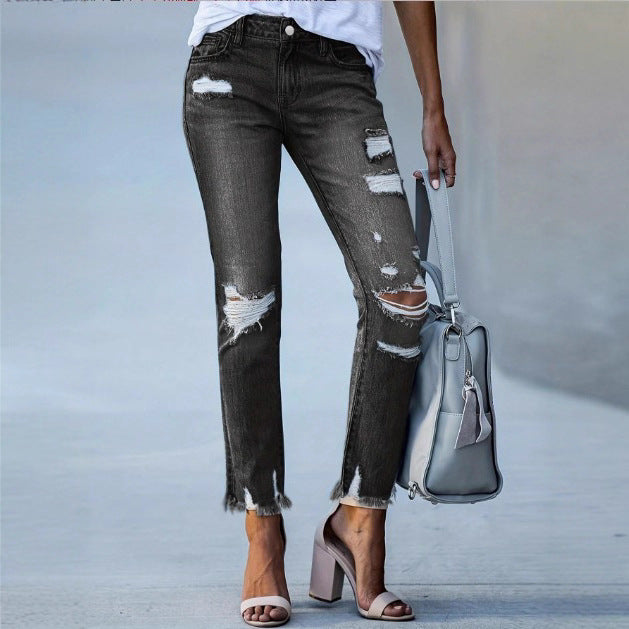 Women Cropped Destroyed Jeans with High Waist, Straight Leg & Raw Frayed Hem Fashion Glam