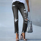 Women Cropped Destroyed Jeans with High Waist, Straight Leg & Raw Frayed Hem Fashion Glam