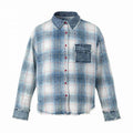 Unisex Checked Overshirt in Used Look with Fringes, Denim Collar and Patch Chest Pocket Fashion Glam