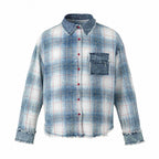 Unisex Checked Overshirt in Used Look with Fringes, Denim Collar and Patch Chest Pocket Fashion Glam