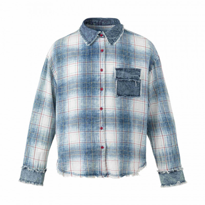 Unisex Checked Overshirt in Used Look with Fringes, Denim Collar and Patch Chest Pocket Fashion Glam