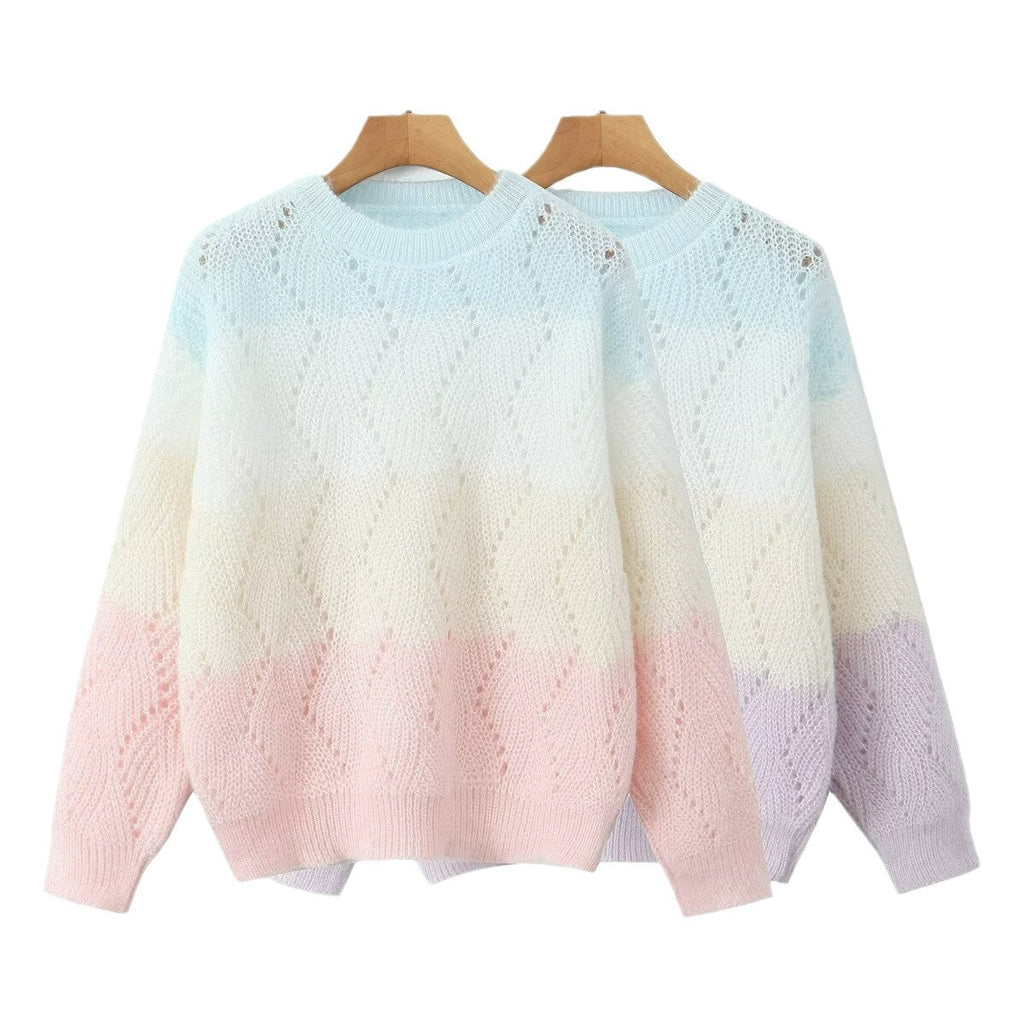 Women Ajour knitted oversized sweater with gradient and round neckline Fashion Glam