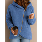 Women's teddy fleece jacket with asymmetrical zipper, hood and curved hem Fashion Glam