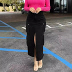 Ladies High-Waist Cargo Denim Midi Skirt with Front Slit Fashion Glam
