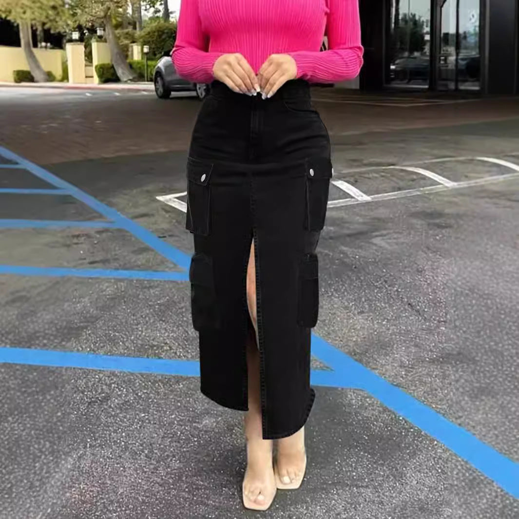 Ladies High-Waist Cargo Denim Midi Skirt with Front Slit Fashion Glam