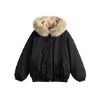 Unisex Padded Hooded Jacket in Boxy Cut with Teddy Lining, Faux Fur Collar and Toggle Closures Fashion Glam