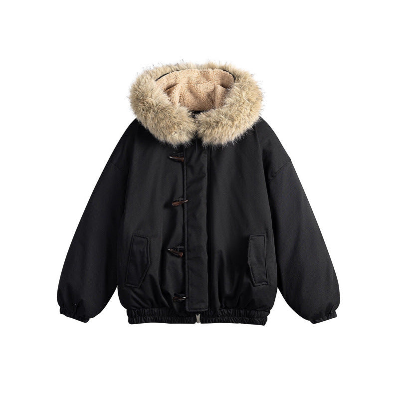 Unisex Padded Hooded Jacket in Boxy Cut with Teddy Lining, Faux Fur Collar and Toggle Closures Fashion Glam