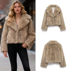 Women Short Cut Faux Fur Coat with Wide Lapel Collar Fashion Glam