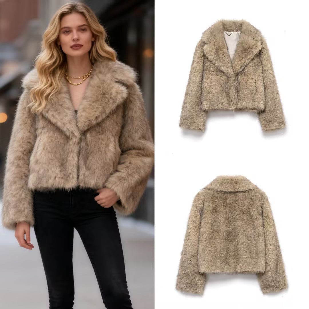 Women Short Cut Faux Fur Coat with Wide Lapel Collar Fashion Glam