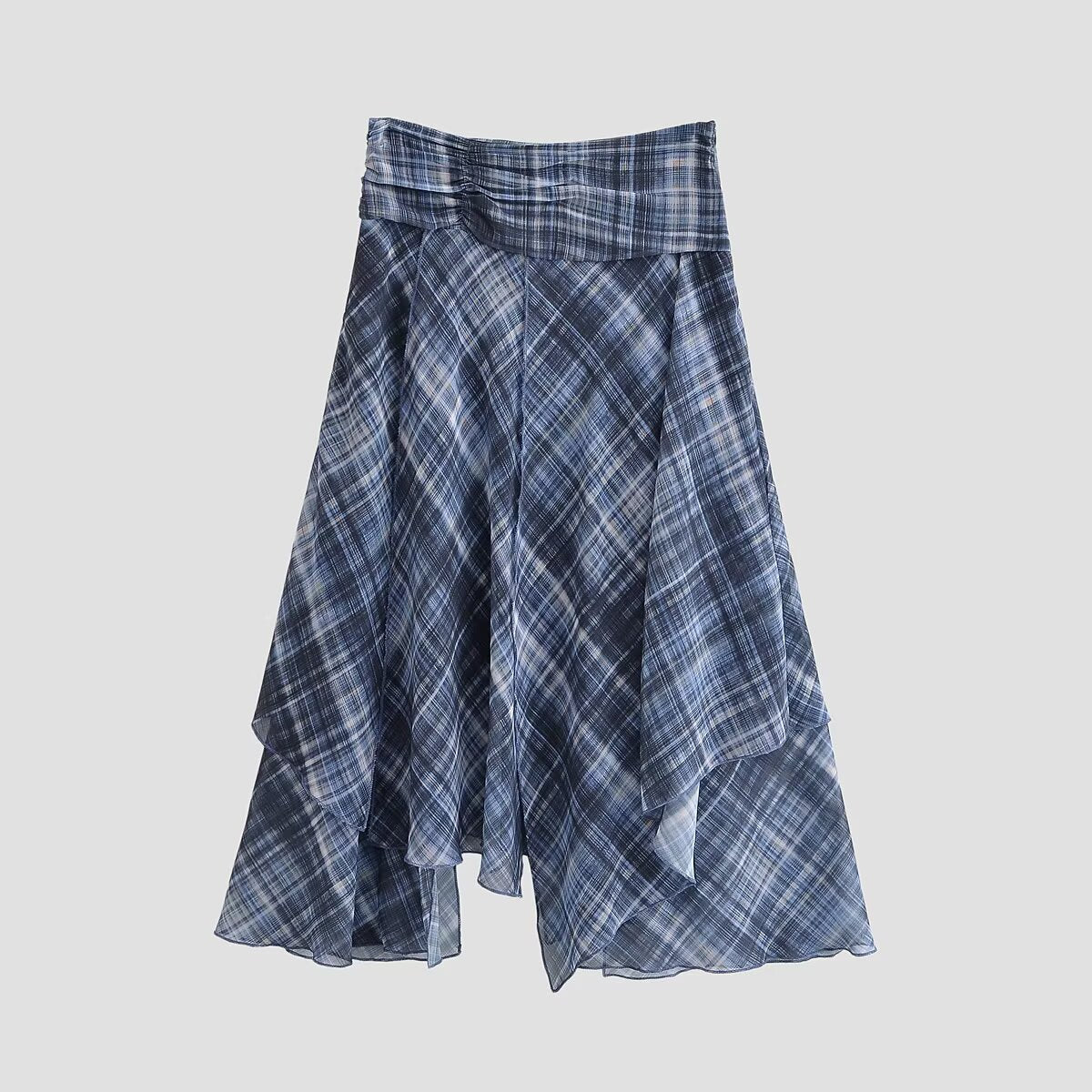 Women Asymmetrical multilayer midi skirt made of chiffon with wide waistband and check pattern Fashion Glam