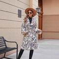 Ladies Midi Faux Fur Coat with Leopard Print, Tailored Tie Belt and Shawl Collar Fashion Glam