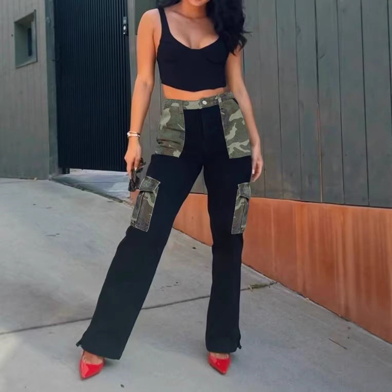 Women High-Waist Utility Jeans with Camouflage Panels and Patch Cargo Pockets Fashion Glam