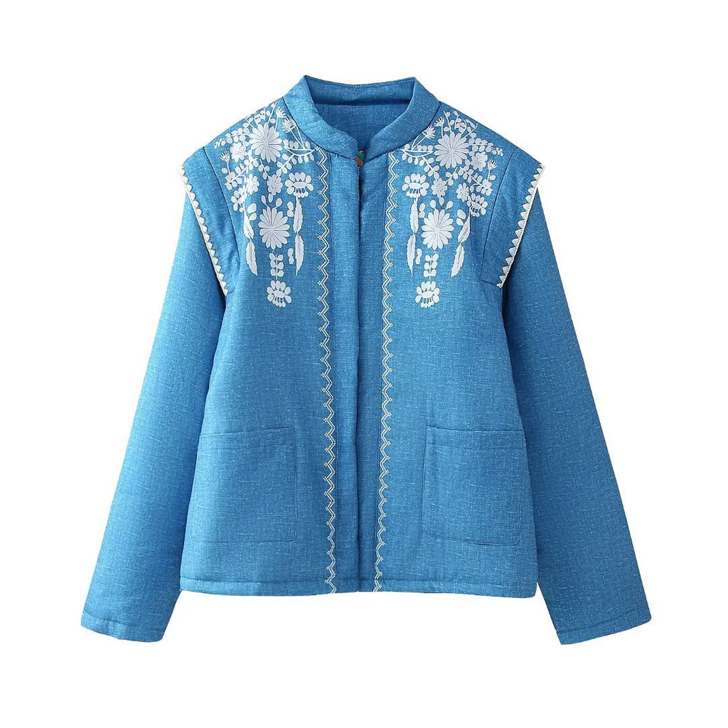Women Quilted Linen Look Stand Collar Jacket with Folk Chest Embroidery & Patch Pockets Fashion Glam