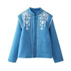Women Quilted Linen Look Stand Collar Jacket with Folk Chest Embroidery & Patch Pockets Fashion Glam