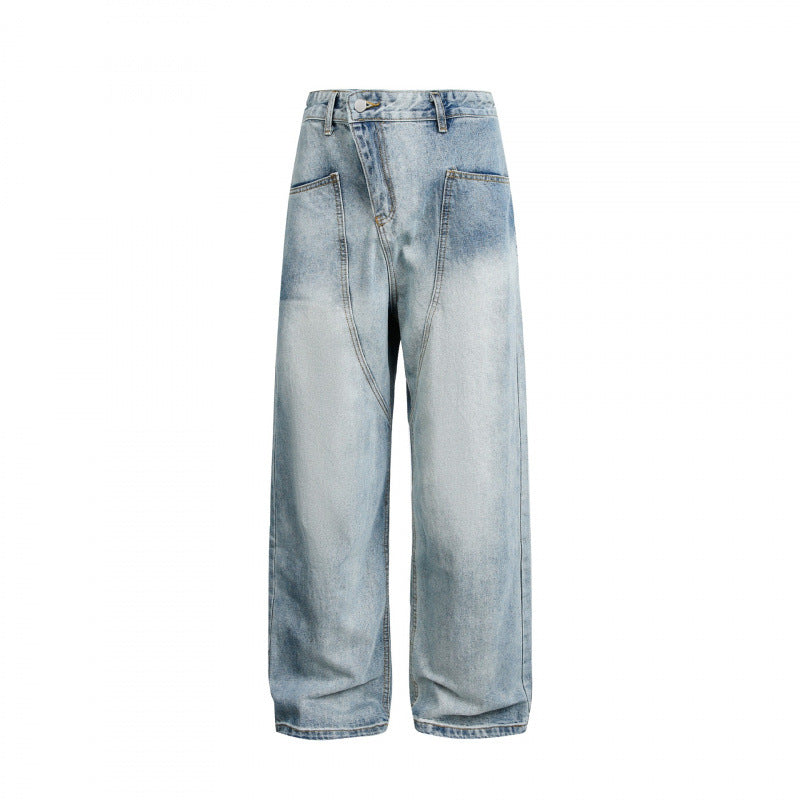 Women's Wide High-Waist Denim Pants with Curved Front Pockets Fashion Glam