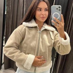 Women's Short Aviator Jacket with Teddy Lining and Faux Leather Look Fashion Glam