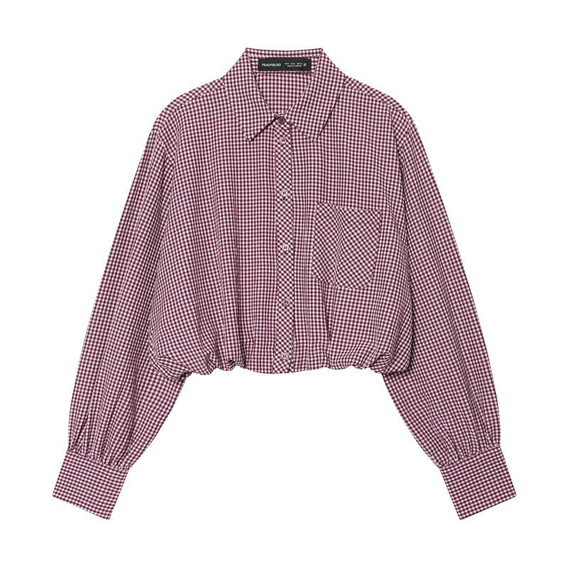Women Checked Cropped Blouse with Elastic Hem Fashion Glam