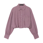 Women Checked Cropped Blouse with Elastic Hem Fashion Glam