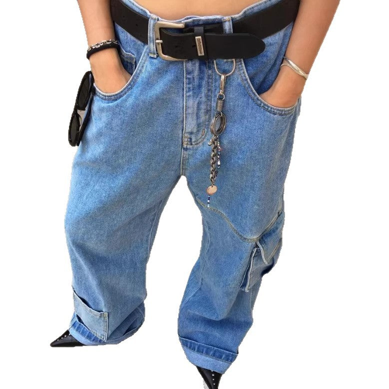 Women Extra Wide Baggy Jeans with Cargo Patches and Low Waist Fashion Glam