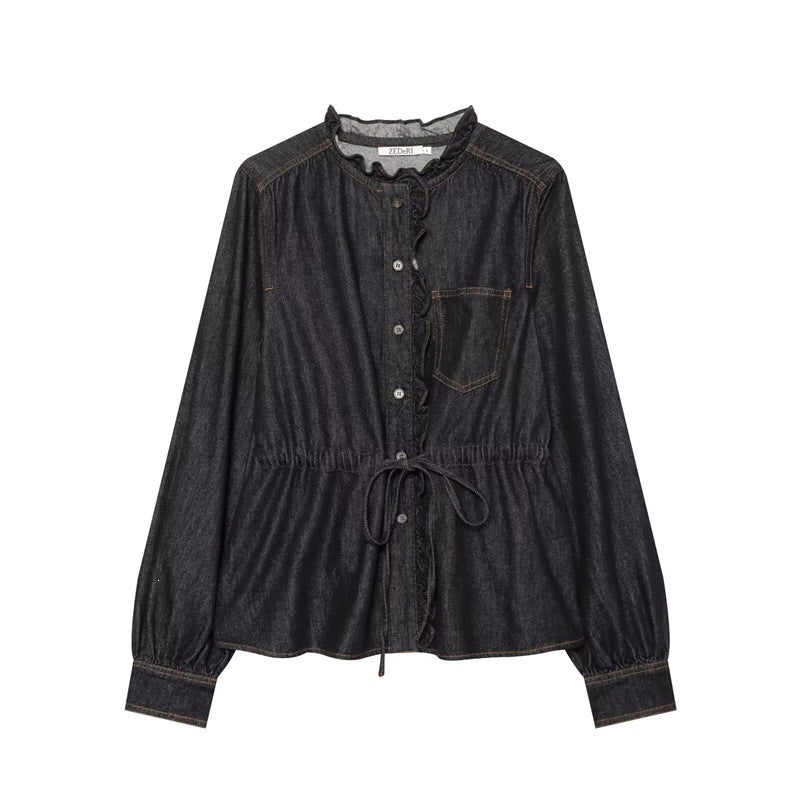 Women's tailored blouse jacket in denim look with ruffle collar and drawstring Fashion Glam