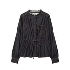 Women's tailored blouse jacket in denim look with ruffle collar and drawstring Fashion Glam