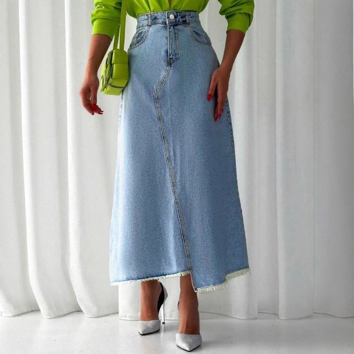Ladies High-Waisted Maxi Denim Skirt with Asymmetrical Front Seam and Frayed Hem Fashion Glam