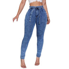Women Paperbag High-waisted Skinny Jeans with Tie Belt Fashion Glam