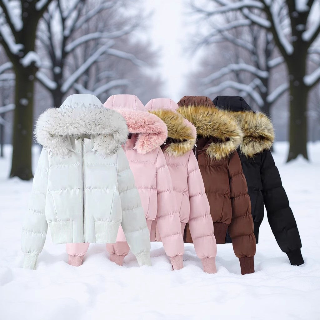 Women's Padded Cropped Bomber Jacket with Hood and Removable Faux Fur Trim Fashion Glam