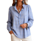 Women Checked Blouse Top with Ruffled Collar and Half Button Placket Fashion Glam