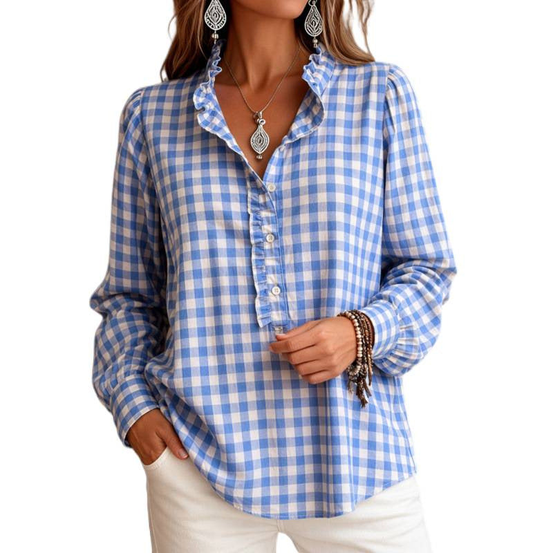 Women Checked Blouse Top with Ruffled Collar and Half Button Placket Fashion Glam