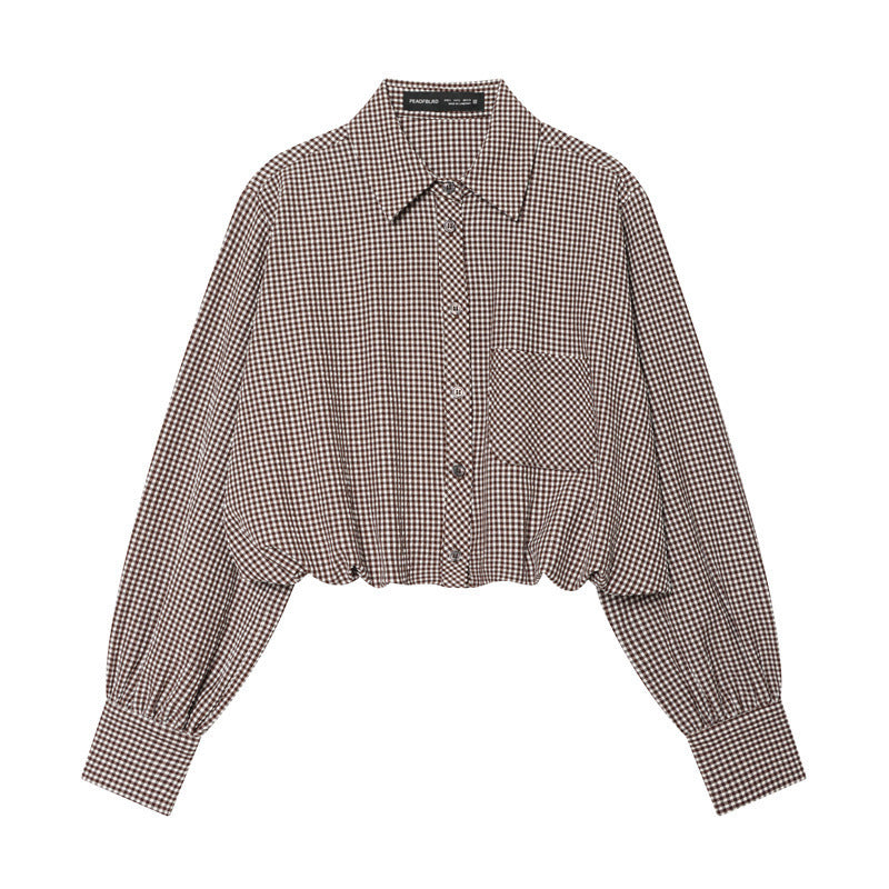 Ladies Short-Cut Checked Blouse with Balloon Sleeves, Elastic Hem and Breast Pocket Fashion Glam