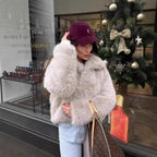 Women's Short-Cut Faux Fur Blouson with Voluminous Shawl Collar and Dense Pile Fashion Glam
