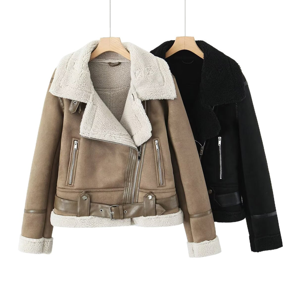 Women's Short Cut Lambskin Imitation Biker Jacket with Asymmetric Zipper, Belt and Teddy Lining Fashion Glam